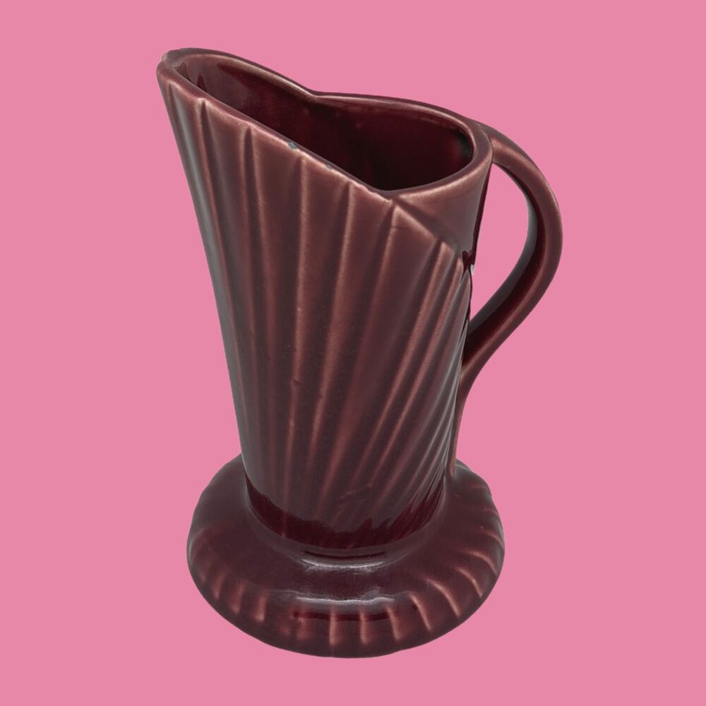 Vintage MORTON POTTERY #492 Burgundy Fan Style Pitcher Vase 1943 7" Tall